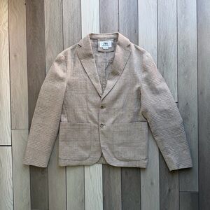 Zara Sartorial Linen/cotton Brown Check Unstructured Lightweight Blazer/Jacket